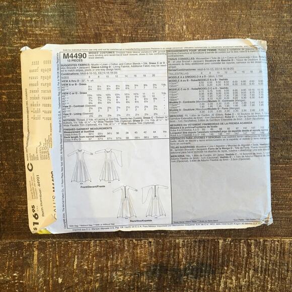 Mccalls Sewing Pattern M4490 Renaissance Dress LOTR Fantasy Eowyn 6-12 UNCUT - Picture 2 of 3